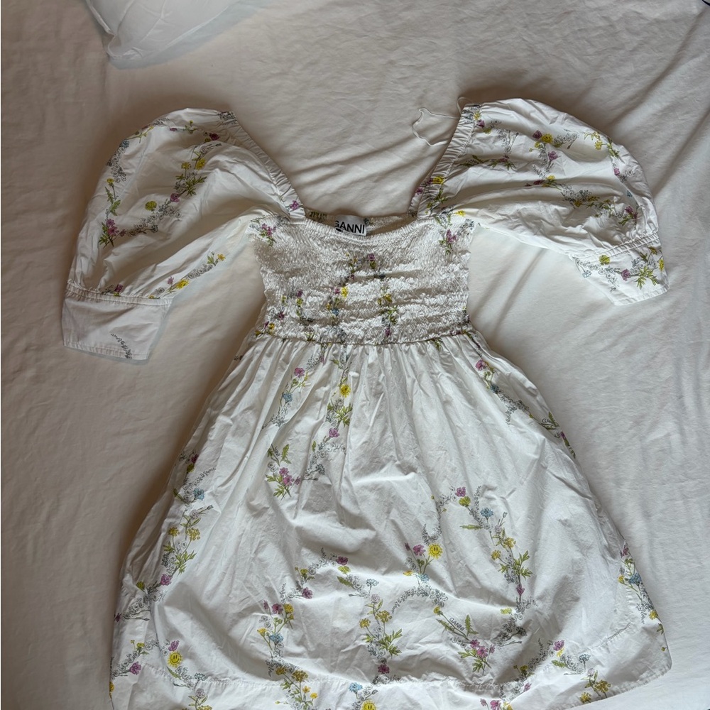 Ganni White Floral Puff-Sleeve Smocked Kids Dress